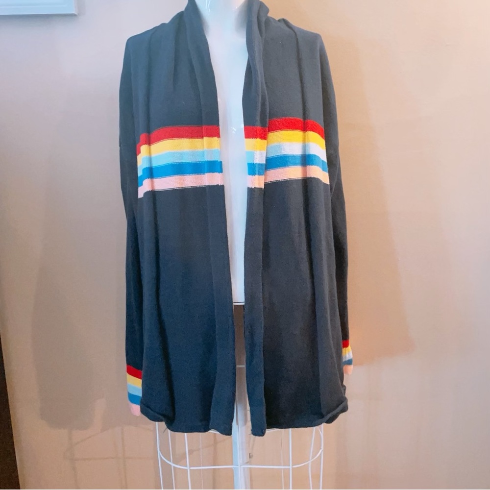 Style & Co Navy Blue Rainbow Stripes Open Front Waterfall Cardigan Med
